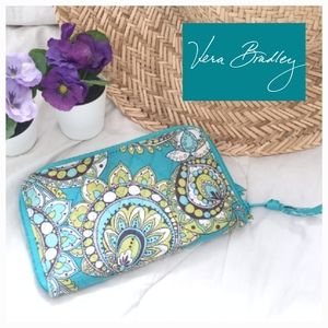 NWOT Vera Bradley Teal/Yellow Pasley Print Zipper Around Wallet w/Wristl…